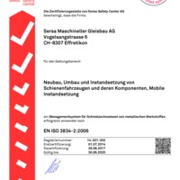 EN ISO 3834-2 Schweißzertifikat Sersa Maschineller Gleisbau AG